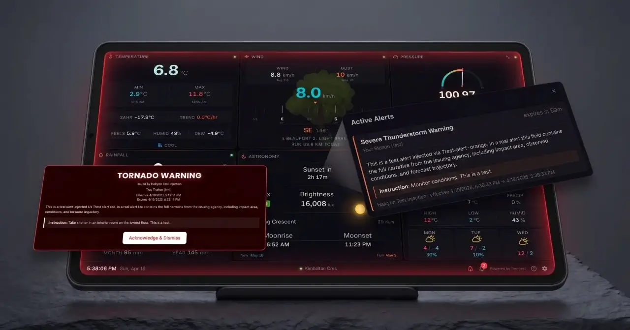 Halcyon weather alerts from NWS and Environment Canada showing bell badge, dashboard border, and alert list